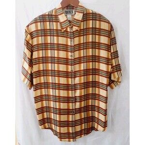 Vintage Forenza Silk Womens Small Plaid Pattern Button-Up Shortsleeeve